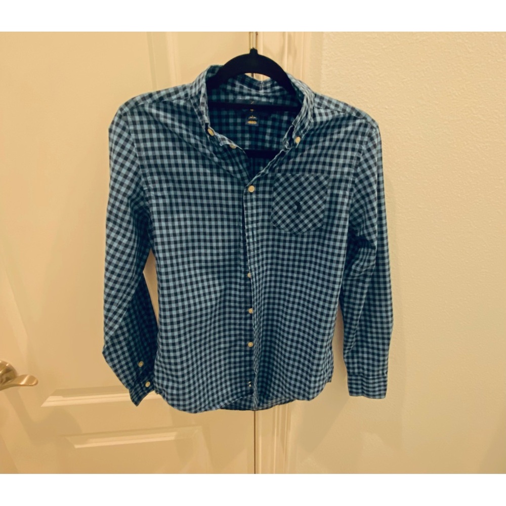 Boys L Checked Blue and Black Polo Dress Shirt.